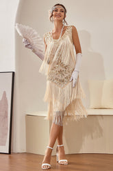 Zapaka Damen 1920er Gatsby Kleid Champagner Rundhalsausschnitt Vintage Charleston Kleid mit Fransen